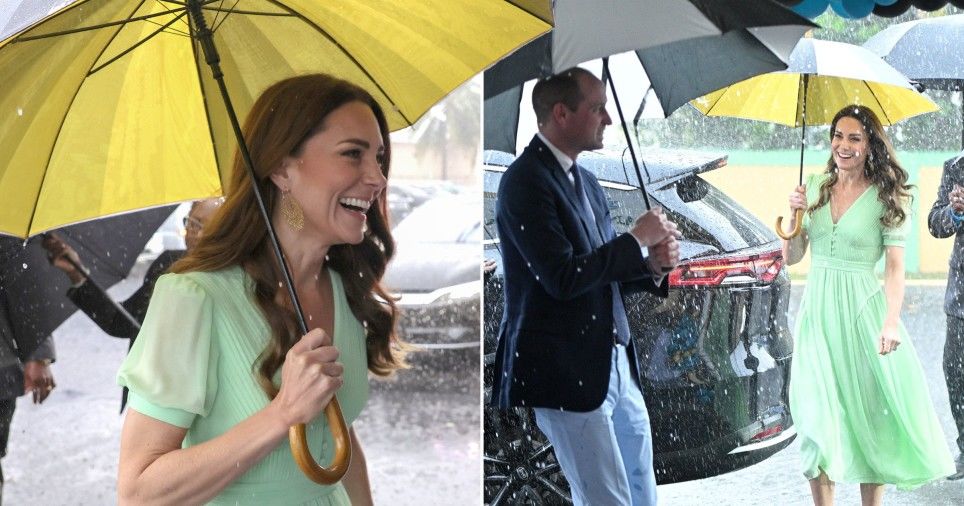 William and Kate caught in torrential rain on visit to school in Bahamas